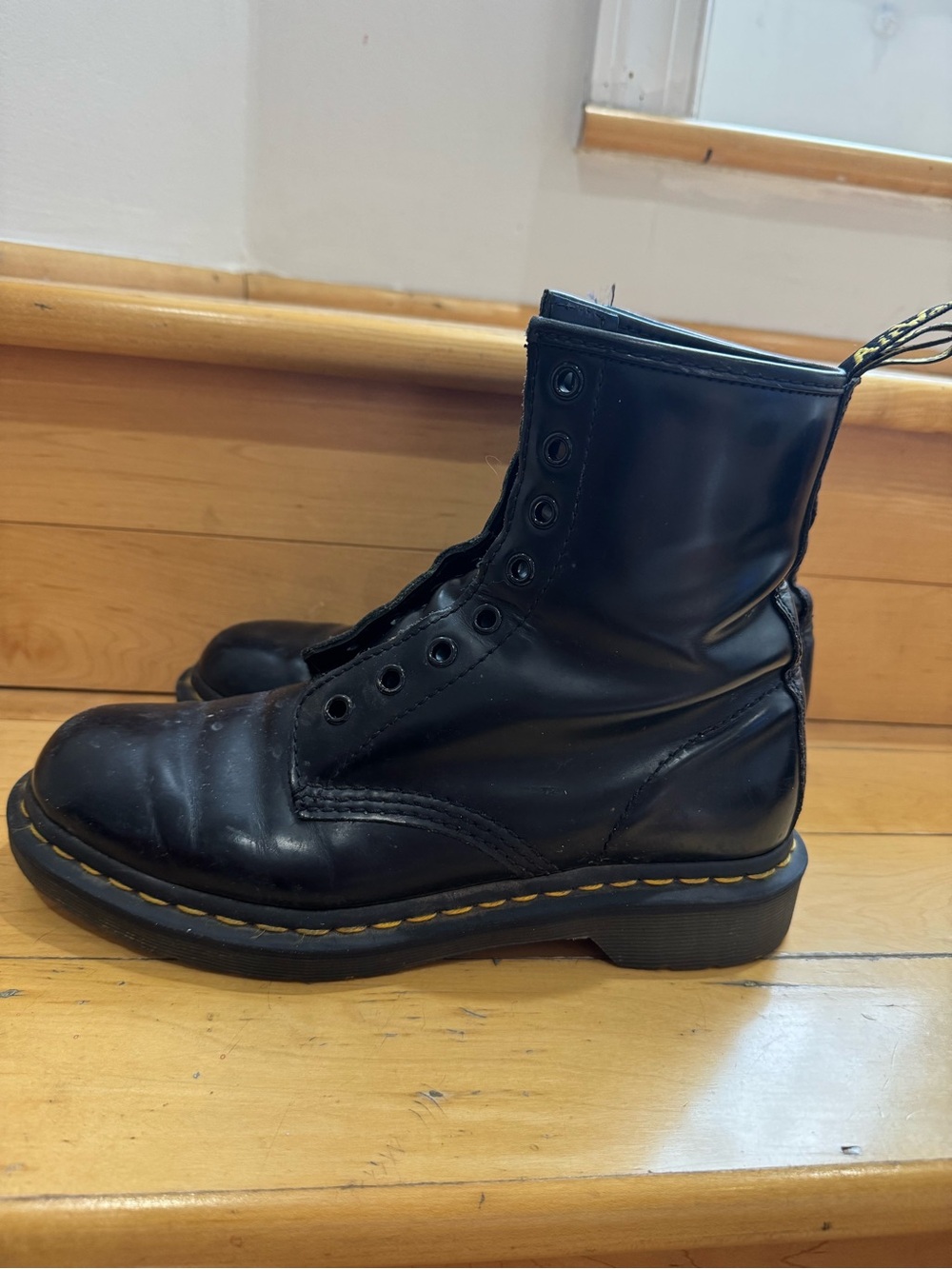 Dr. Martens Black Leather Combat Boots with Yellow Stitching Size 8